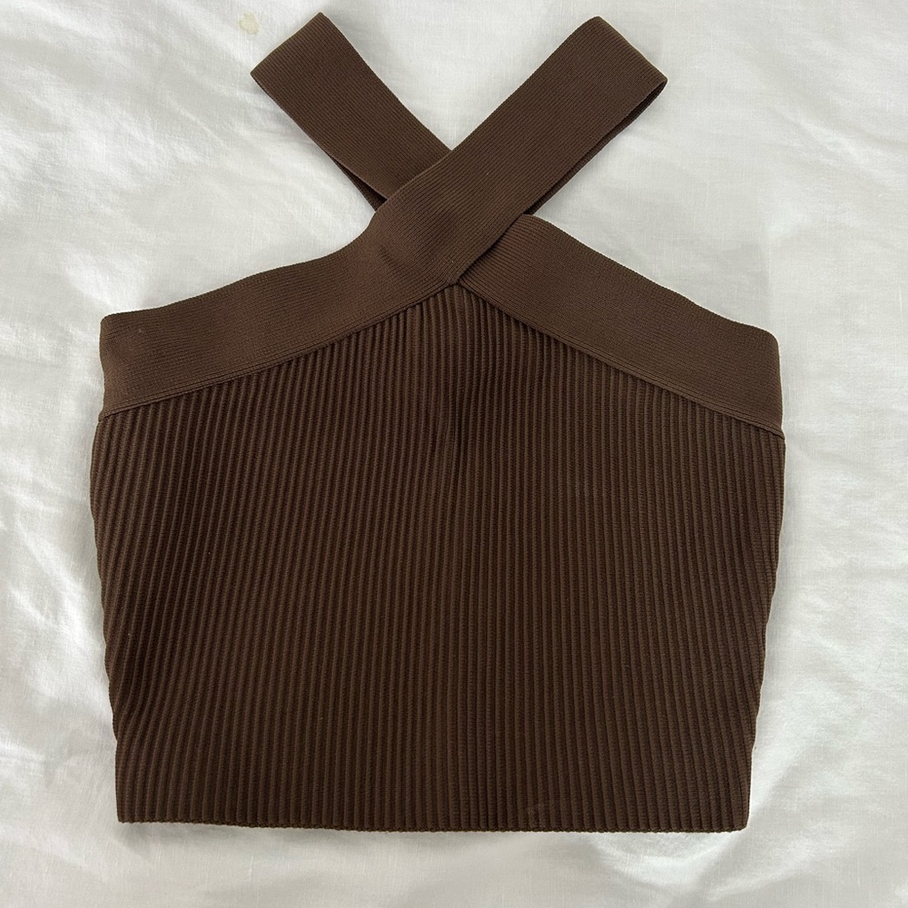 Glassons Brown Ribbed Cross-Strap Crop Top